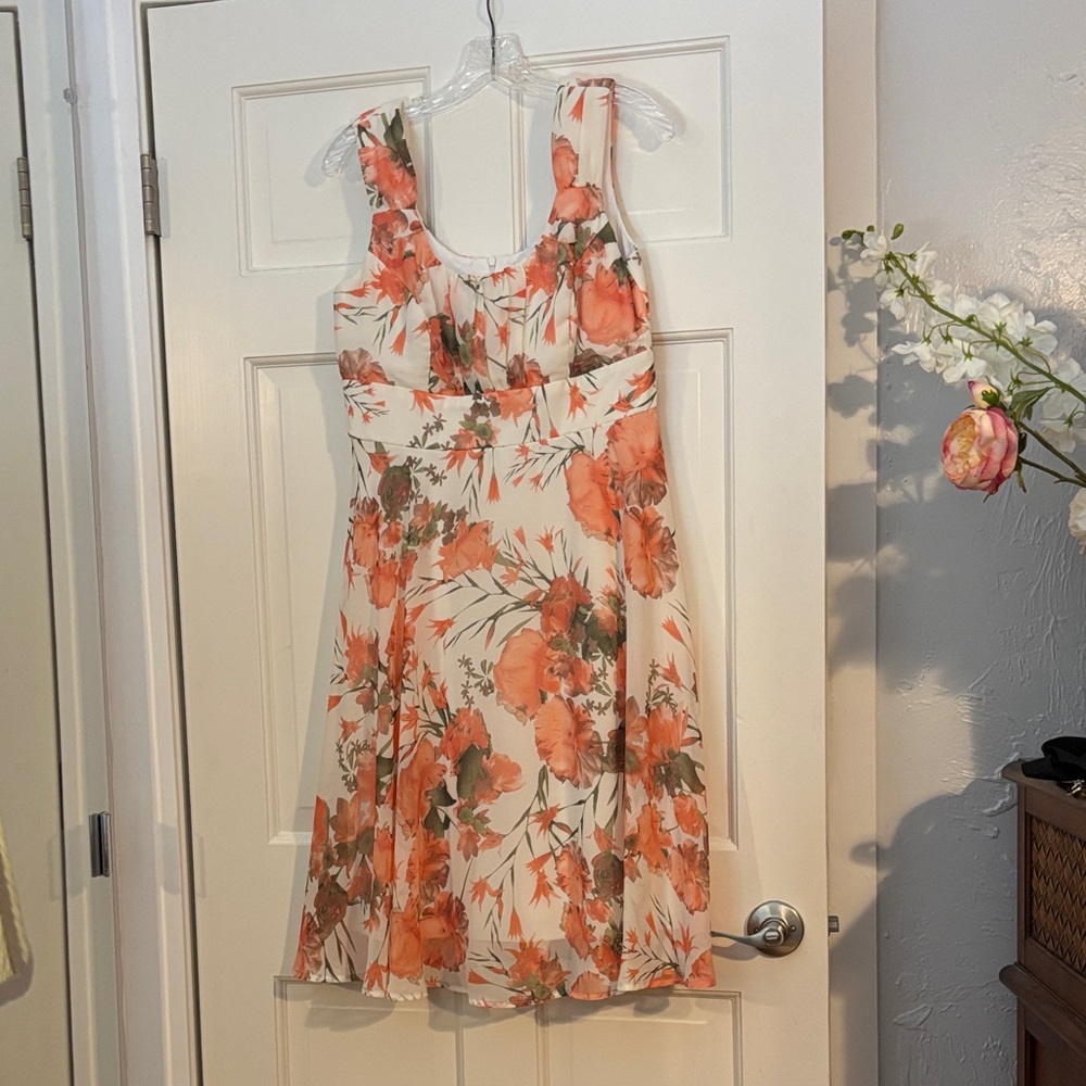 Elegant Floral Midi Dress - Cream and Orange